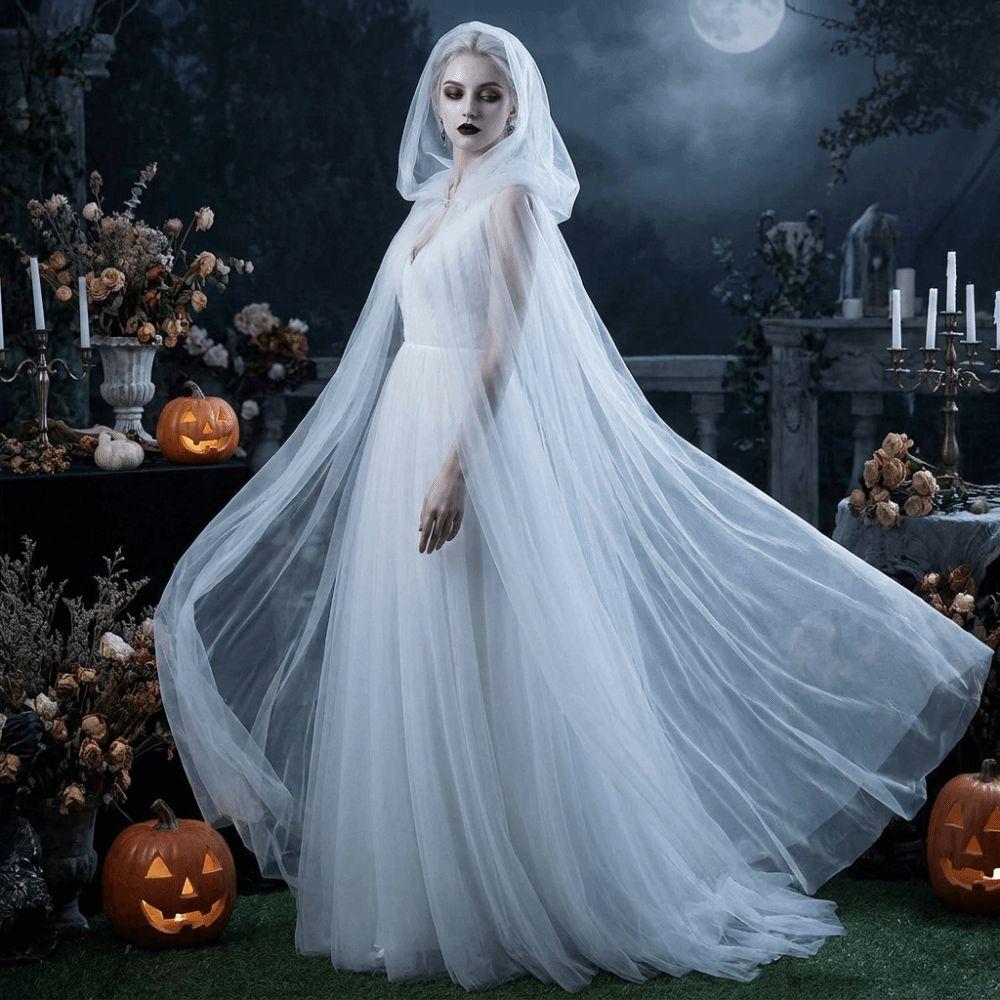 Einfarbige Halloween Kapuzen-Tüllumhang Weich Cosplay Brautkostüm Vintage Netzumhang Hochzeit