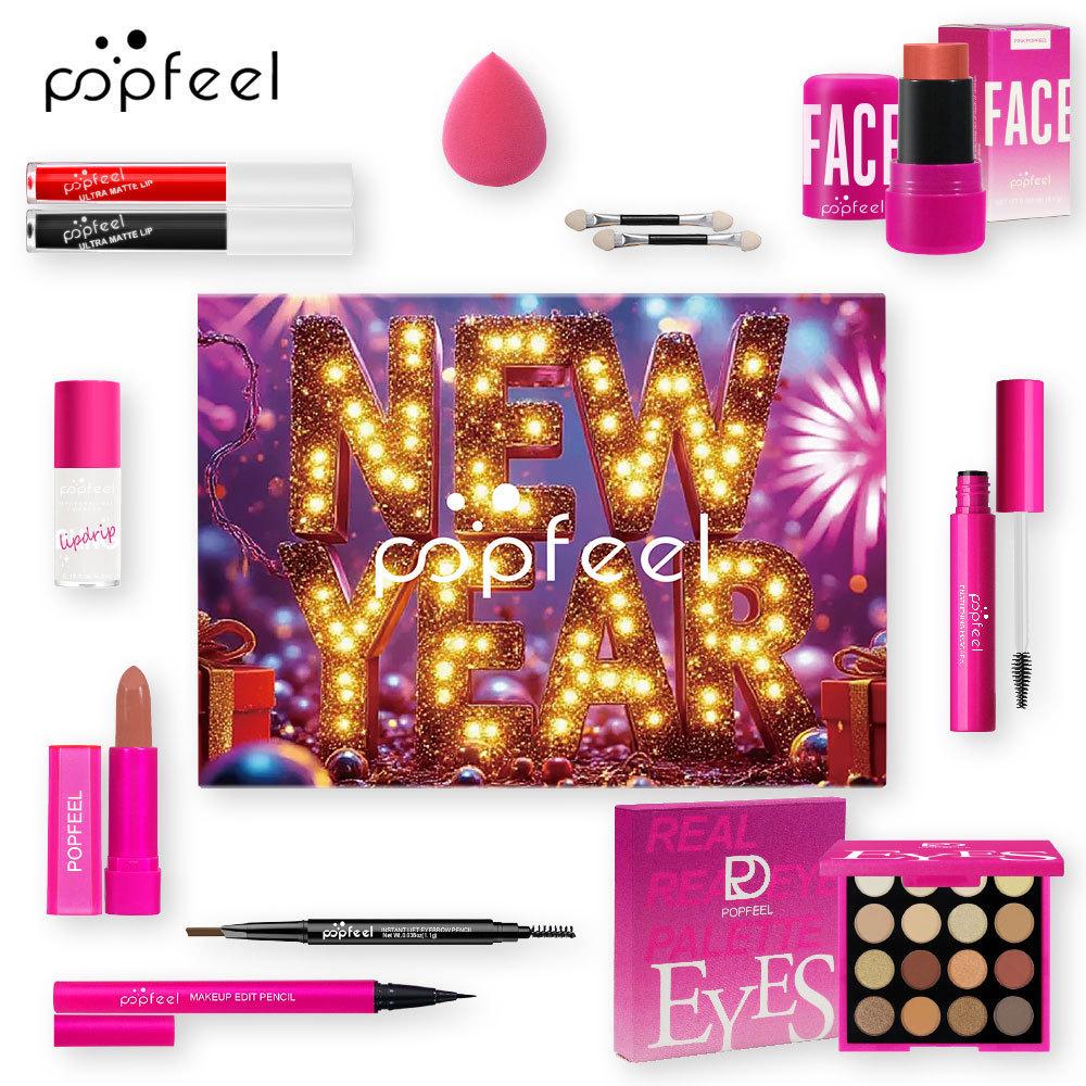 Popfeel New Year Makeup Kit All-in-One Professional Cosmetic Gift Set Eyeshadow Palette Matte Lipstick Face Stick Makeup Tools Beauty Kit for Women