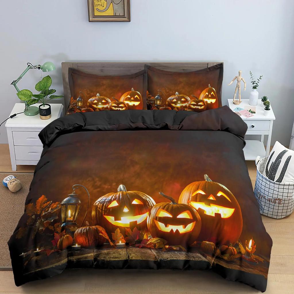 Halloween Pumpkin King Queen Duvet Cover Cartoon Black Cat Bedding Set Kids Girls Orange Pumpkin Lantern Polyester Quilt Cover
