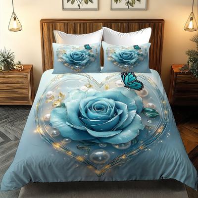 Blue Rose And Butterfly Print Duvet Cover Set Comfortable Bedroom Bedding Gift for Valentine's Day Christmas Easter Birthday