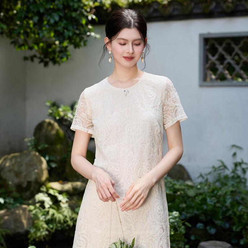Sancai New Chinese Style Lace Embroidered Faux Two-Piece Long Dress