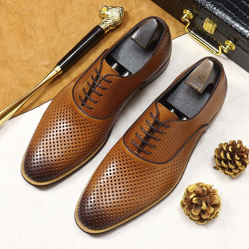 Leather Dress Single Shoes Lace-up Large Size Wedding Shoes Men's Hollow Cowhide Men's Business Leather Shoes