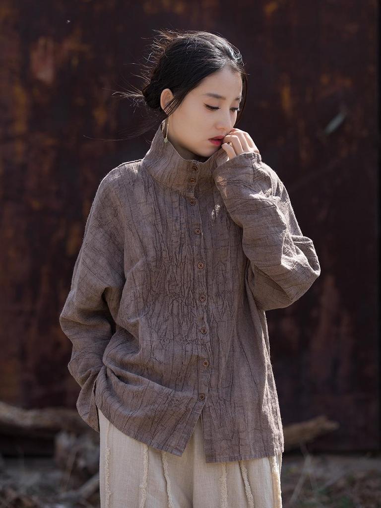 Women's Winter Tie-Dye Ramie Cotton Cardigan - Loose, Semi-High Collar Shirt in National Style.