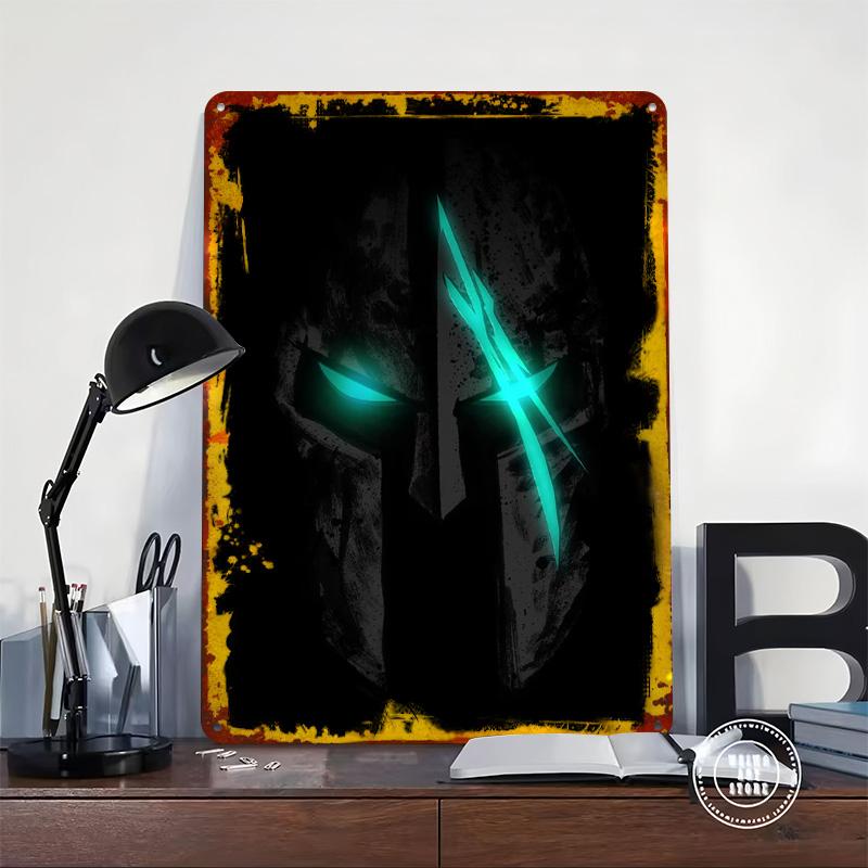 Spartanerhelm mit leuchtenden Augen Blechschild Poster Personalisierte Wandkunst Retro Vintage Metallschilder für Man Cave Kaffeebar Dekor