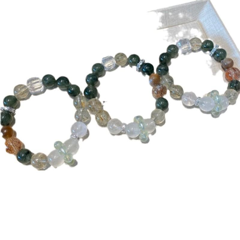 Natural Green Rutilated Quartz Prehnite Beaded Bracelet Healing Crystal Jewelry Women