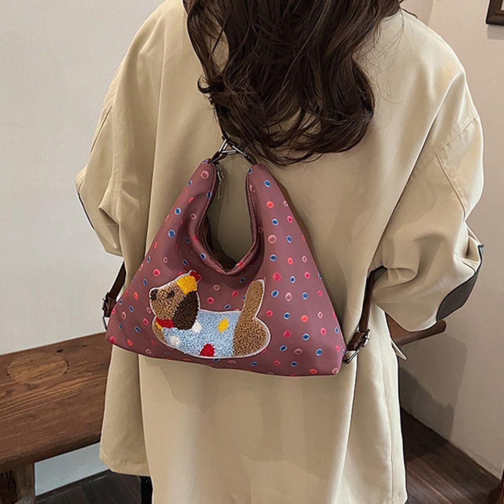 Korean Style Puppy Embroidery Shoulder Bag Y2k Cartoon Handbag Sweet Polka Dot Tote Bag Girls