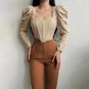 2023 Retro Square Collar Sexy Blouses Office Top Womens Long Sleeve Bubble Sleeve Waist Clothes Women Blusas  Elegant 30117