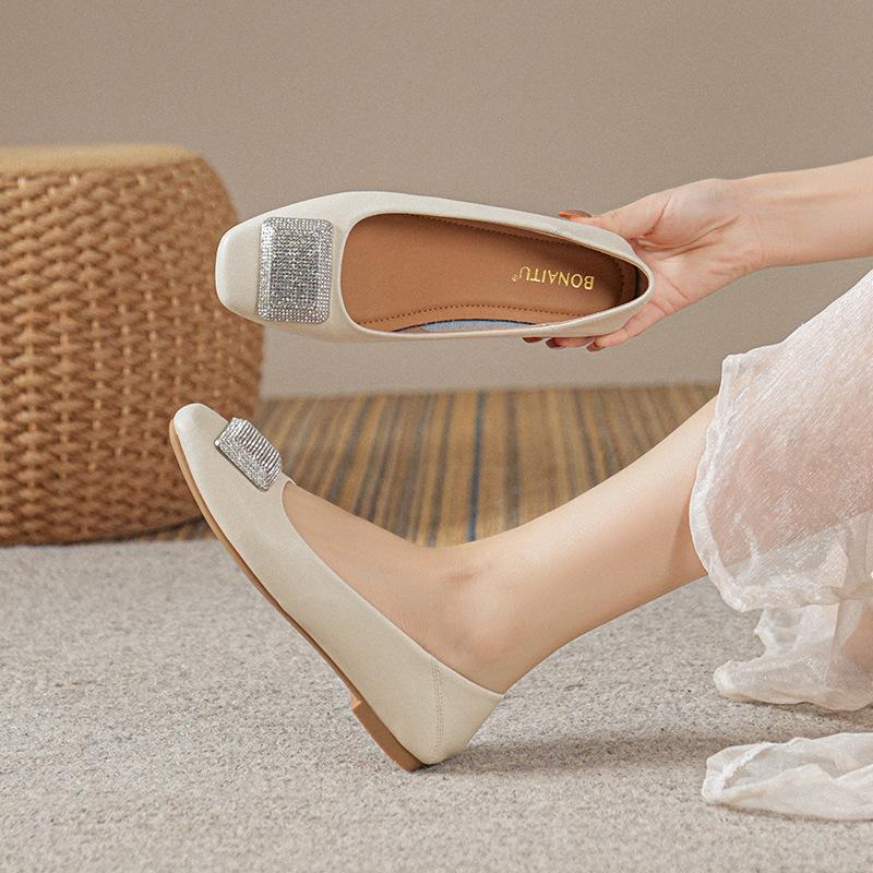 Women's Genuine Leather Flat Shoes - French Low-Cut Square Toe, Soft Sole, Plus Size 41-43, 2025 New Evening Breeze