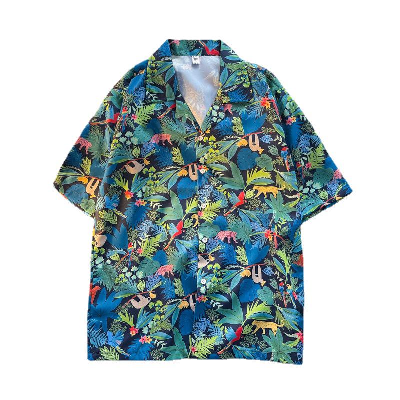 Unisex Vintage Kubakrage Blomsterskjorte - Løs passform, Hong Kong-stil, Kort erm, Perfekt for strand og par