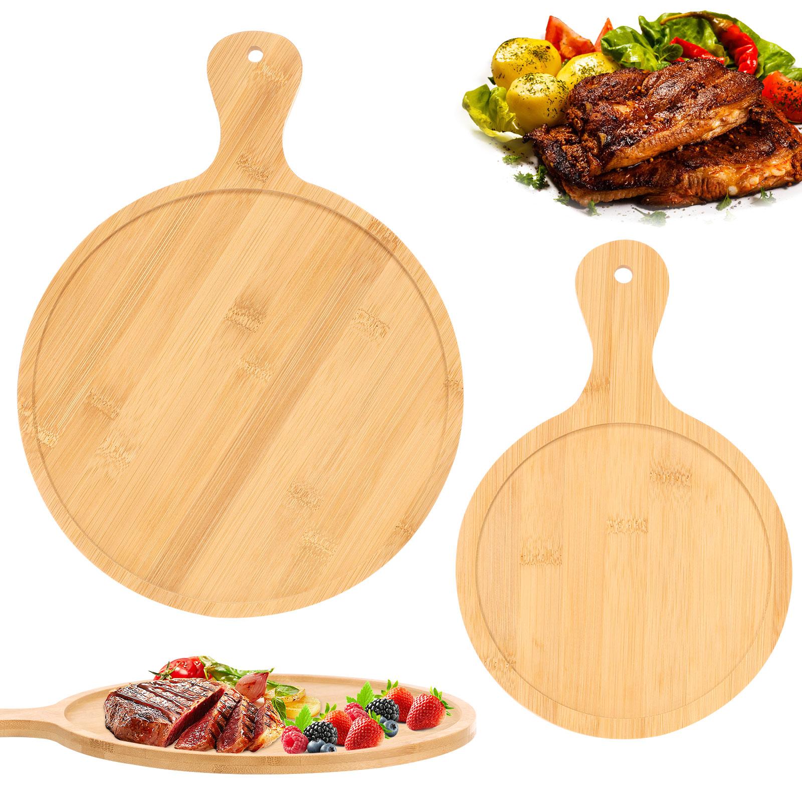 2Pcs Pizza Board with Handle Bamboo Round Cutting Board for Kitchen Pizza Cheese Baking Bread Steak Fruit Dinner Serving Tray
