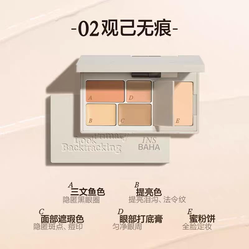 INSBAHA 5 Colores Corrector Iluminador Marcas de Acné Ojeras Surco Lagrimal Corrector Facial Permanente Plato de Polvos Fijadores