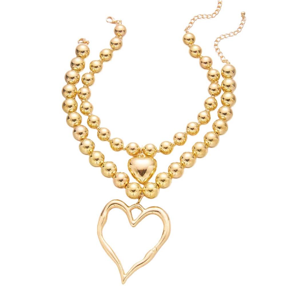 Exaggerated Big Heart Pendant Necklace Hollow Heart Aesthetic CCB Ball Beads Necklace Funny Goth Style Chain Jewelry Girls Gift золотой