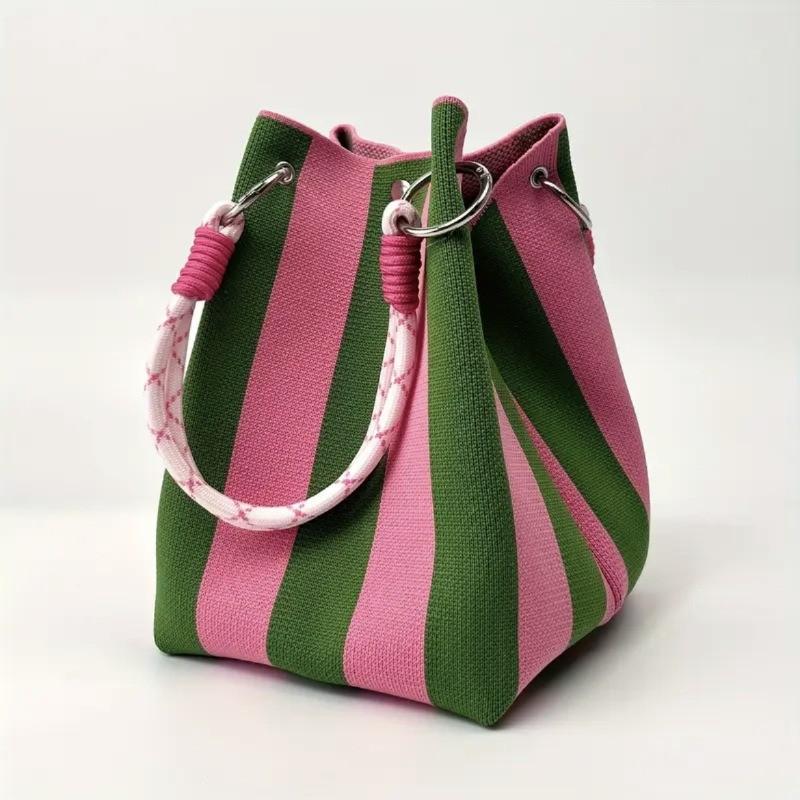 Women's Korean Style Striped Woven Bucket Bag Fashion Fortune Handbag Knitted Tote Shoulder Bag for Vacation Beach Outings