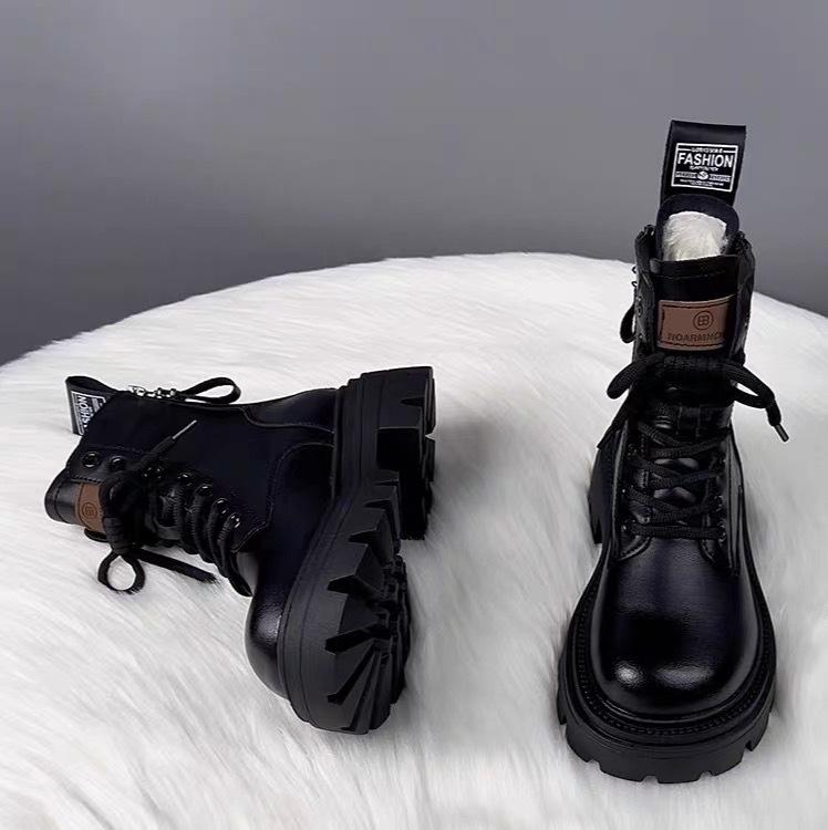 Leather thick-soled snow boots for women, fur integrated wool boots, large cotton shoes for women, winter velvet and thicker