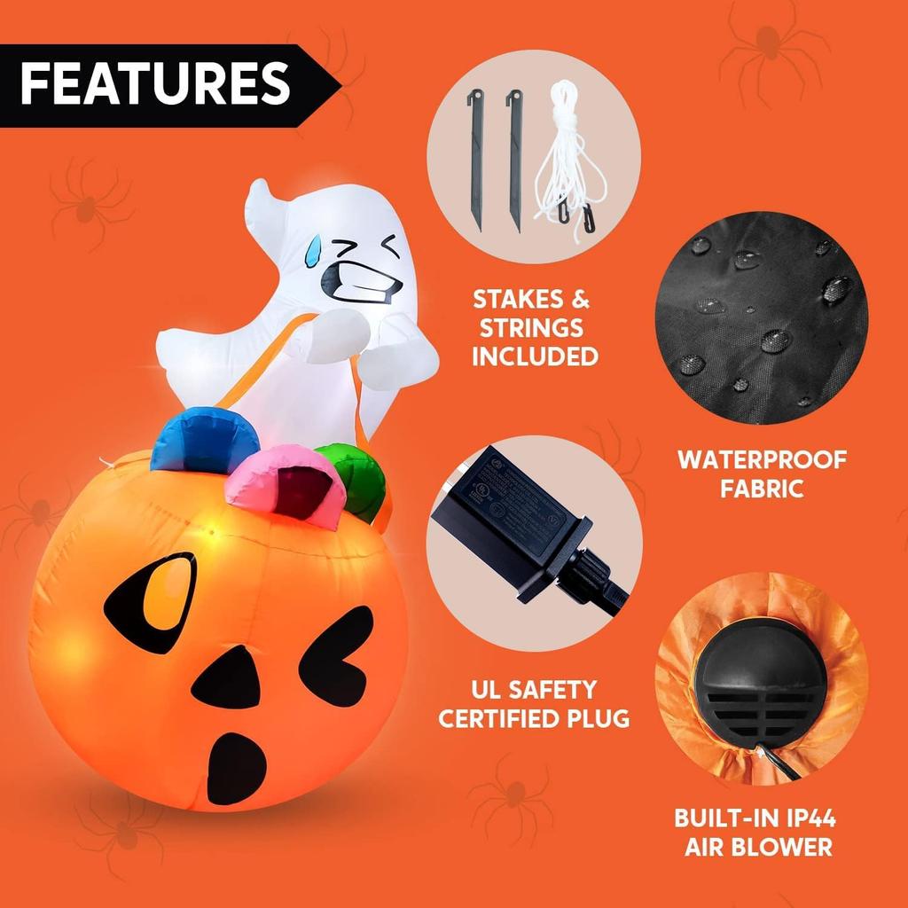 5 FT Tall Halloween Inflatables Outdoor Decorations Cute Ghost Blow Up Ghost Lift Pumpkin Candy Bag with Build-in LEDs For Halloween Gifts