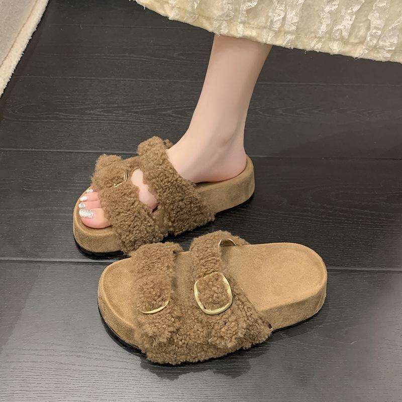 Internet celebrity thick bottom one-word button fluffy slippers women's wear 2025 autumn and winter new velvet warm non-slip Birkenstock cotton mop