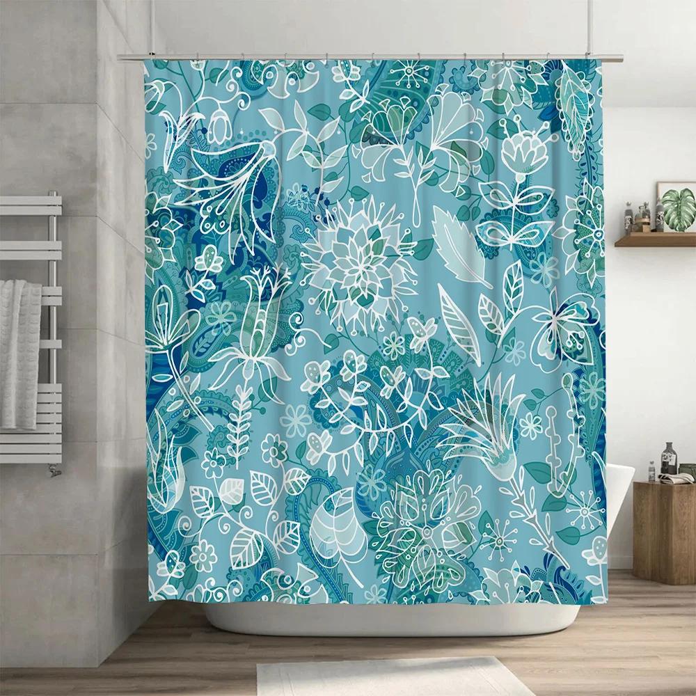 Luxury Blue White Floral Shower Curtain for Bathroom Decorations Waterproof Fabric Print Shower Curtains Set with Hooks (180x240