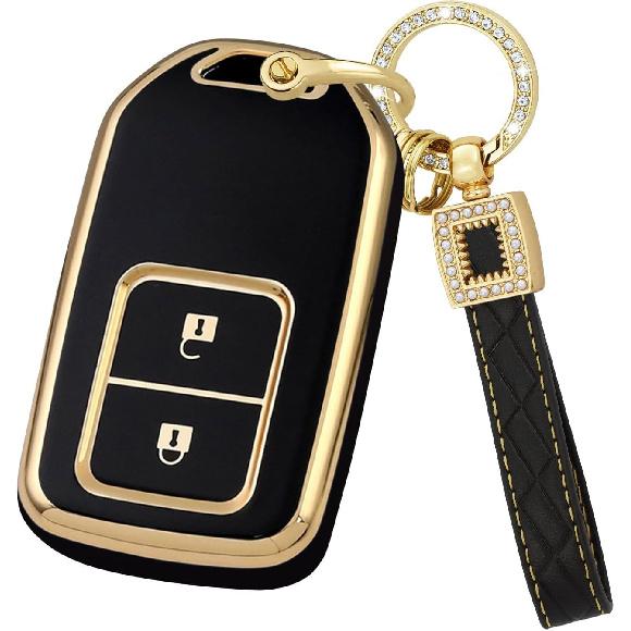 

Key Fob Cover with Bling Keychain 2 Buttons Fit for Honda CR-V XR-V HR-V BR-V UR-V Fit Jade Jazz Vezel Shuttle Civic AccordTPU Smart Key Shell Case A Black
