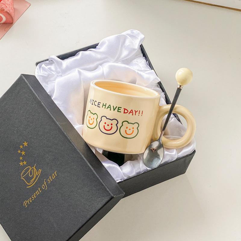 Bear Mug Girl with High Looking Ceramic Cup with Spoon Office Cute Coffee Milk Breakfast Cup