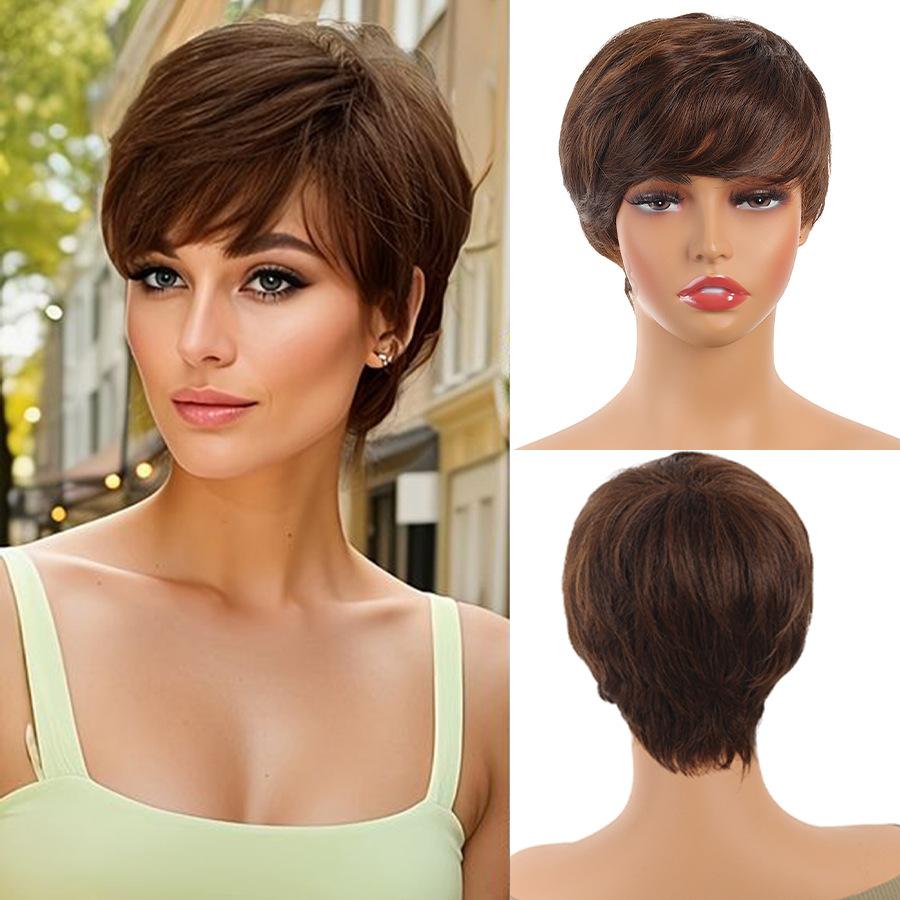Европейская и американская модная женская коротковолосая парика, коричневая косая челка, высокотемпературная шелковая синтетическая парика-повязка на голову коричневый