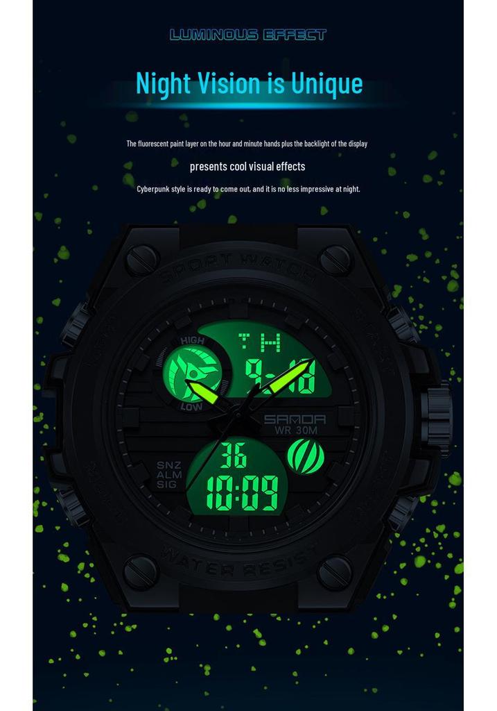 Sanda Teen's Waterproof Dual Display Sports Watch with Luminous Alarm