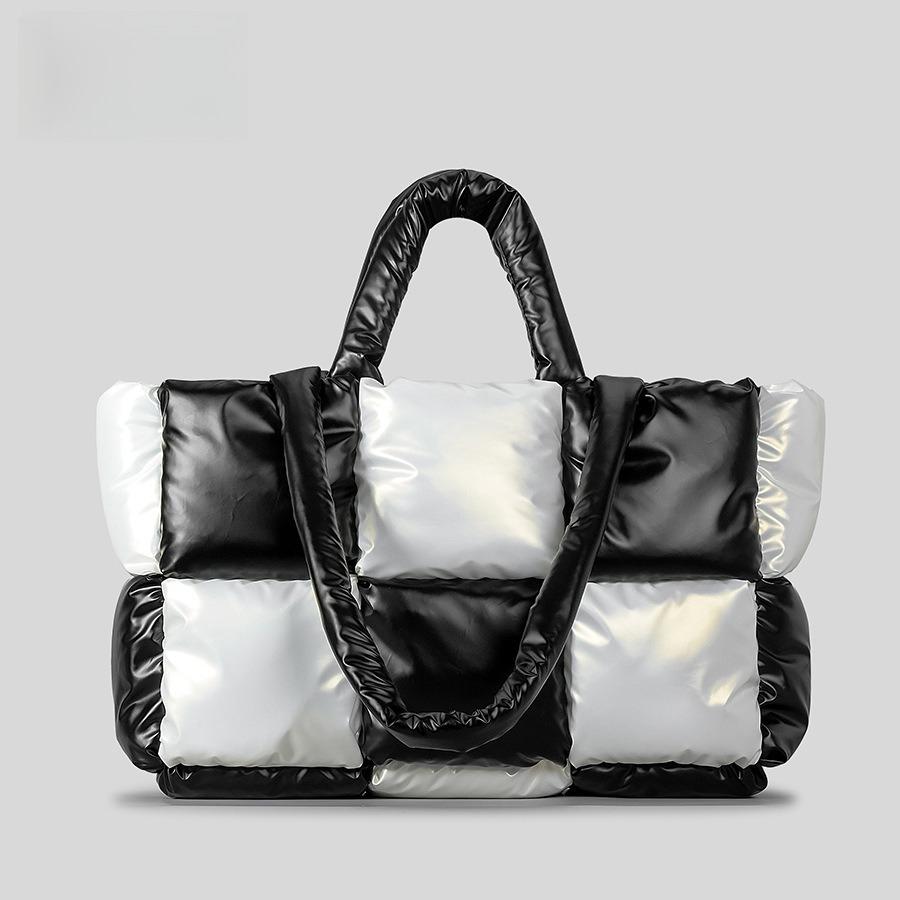 New Black and White Checkered Tot Bag for Women - Soft Squared Patchwork Down Bag