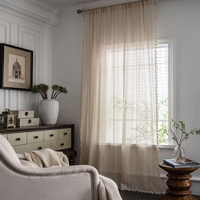 Elegant Translucent Crochet Curtain Tassels Multi Size Cotton Curtain Beige Hollow Hollow Curtain Bedroom