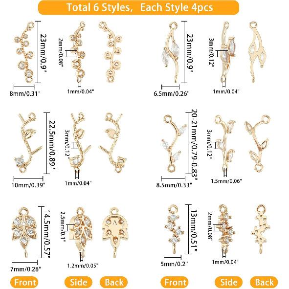 SUPERFINDINGS 24Pcs 6 Styles Cubic Zirconia Links Charms Crystal Leaf Branch Connector Charms Gold Plated Wheat Charms Rhinestone Leaves Pendant