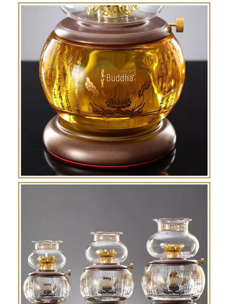 Large Windproof Crystal Oil Lamp Holder for Buddha Offering - Heat-Resistant for Long-Burning Liquid Ghee in Household or Temple.