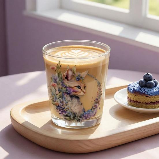 Cute Cat Floral Glass, Juice Coffee Cup, Milk Tea Glass Mug, Artistic Whiskey Coffee Mug for Home Bar, Gift for Cat Lovers