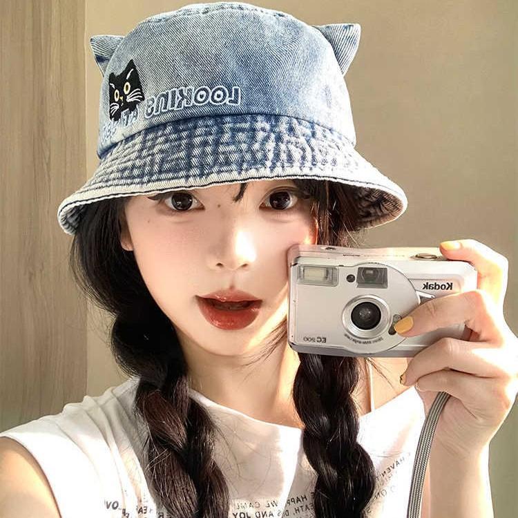 Cat ears embroidered bucket hat spring and autumn sweet hat women's retro versatile cowboy hat casual basin hat