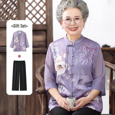 Elegant Stand-up Collar Blouse Set for Elderly Women