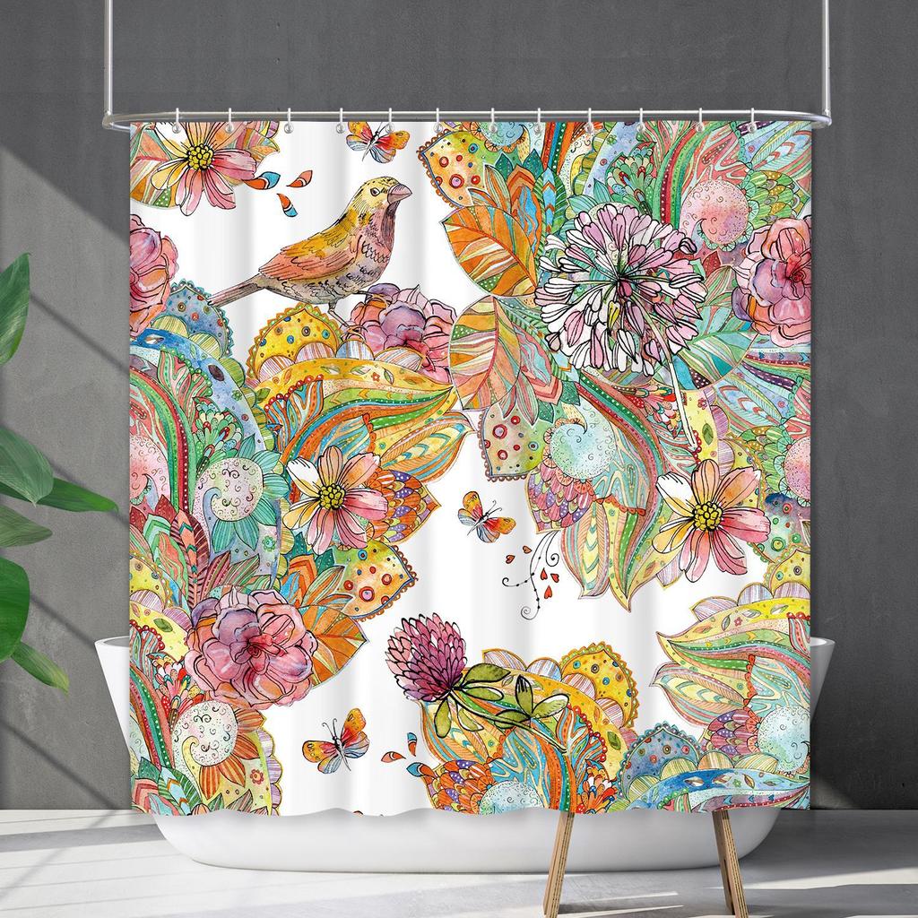 Shower Curtain Waterproof And Mildew-Proof 3D Digital Printing Plant Flower Plant Shower Curtain Bathroom Partition
