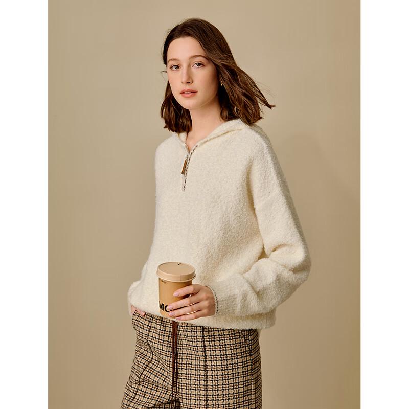 INMAN Women's Hooded Boucle Wool Blend Zipper Sweater