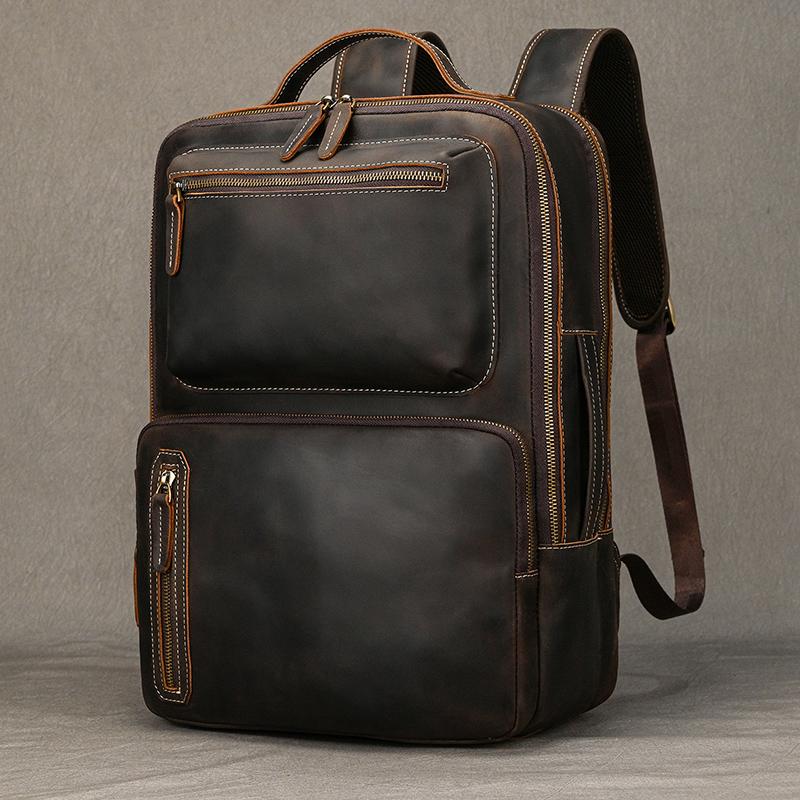 

Double Layer Genuine Leather Backpack Bag For Men Male Real Cowhide Leather Backpacks For Man Laptop Bag School Bag Vintage Bags темно-коричневого кольору
