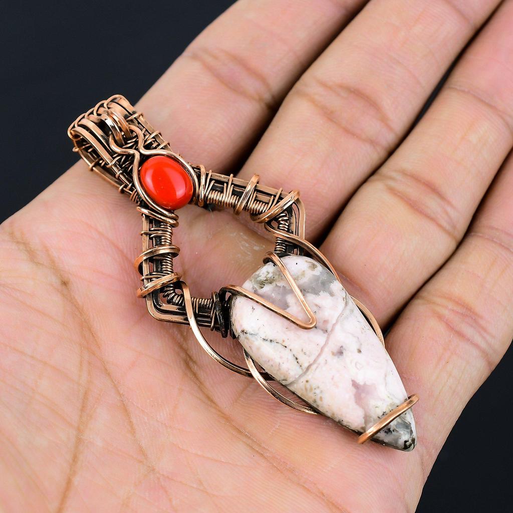 Rhodochrosite, Coral Gemstone Pure Copper Wire Wrapped Handmade Pendant Jewelry