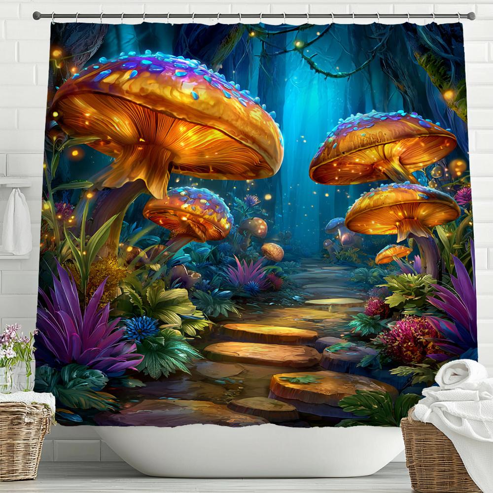 Fairy Tale Forest, Mushroom House Shower Curtain, Bathroom Decorative Shower Curtain, Waterproof Shower Curtain with Hooks