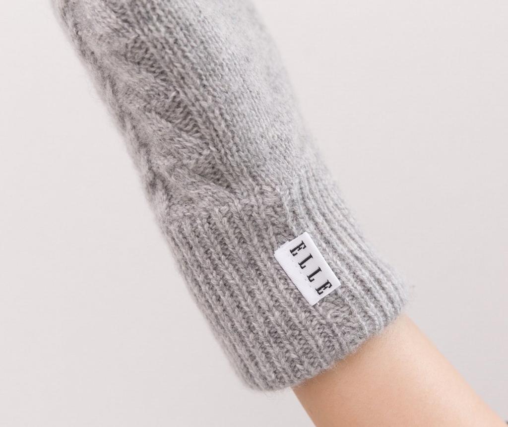 ELLE Cashmere Knit Fluffy and Cable Christmas Brand Case Included Free Women's 100% Gloves, Soft, Skin-Friendly, Pattern, Gift, Logo, (Gray, Size)
