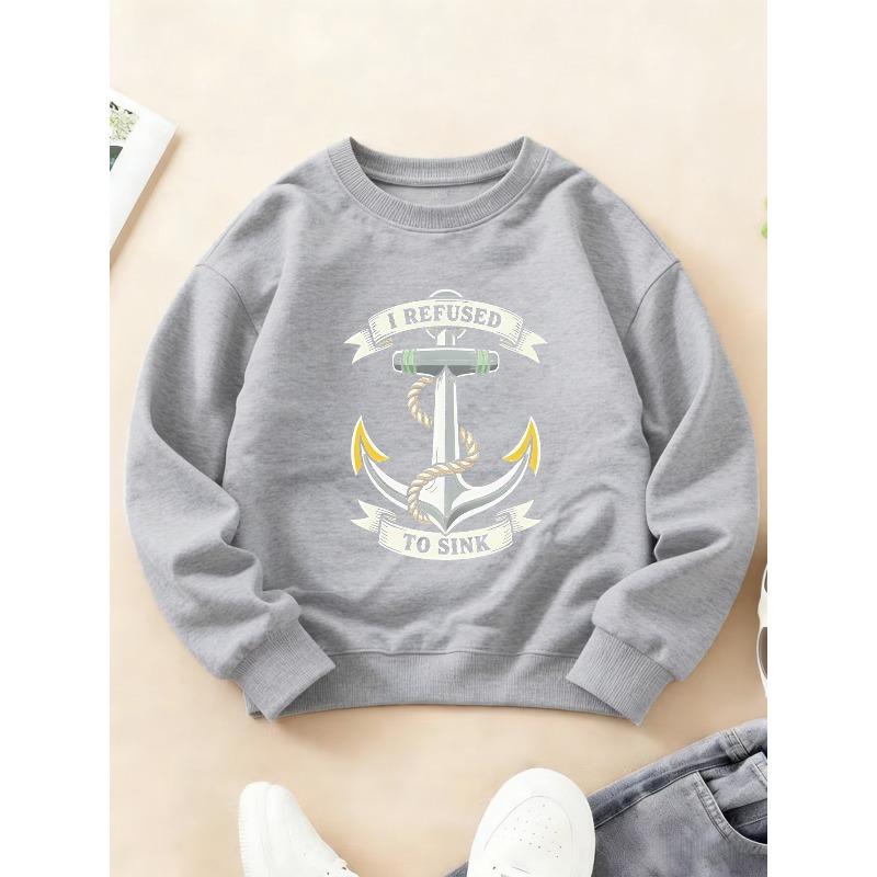 Kids Crewneck Sweatshirt, Nautical Marine Anchor Theme Print Long Sleeve Top for Autumn Winter