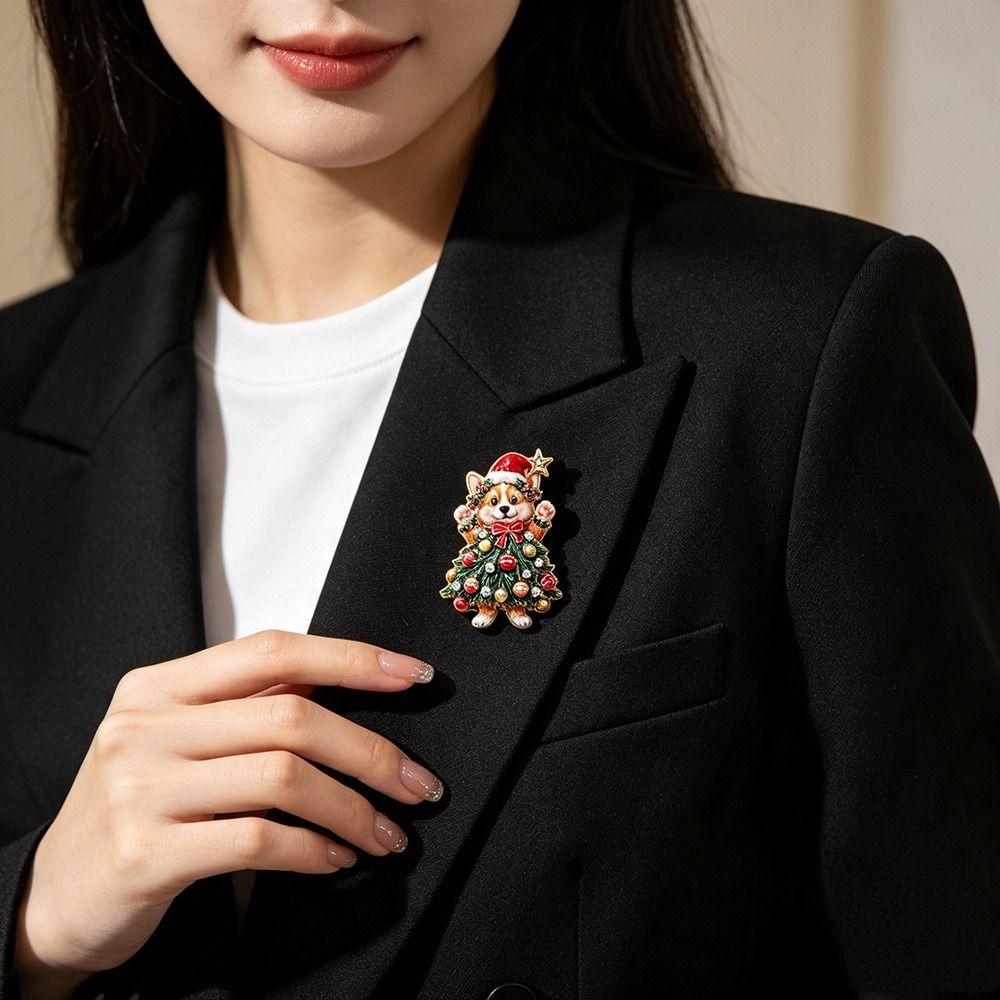 Enamel Rhinestone Brooch Dog Christmas Crystal Pins Fashion Xmas Jewelry Party