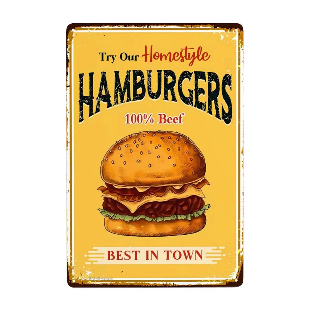 1pc Sandwiches Dlicious Burgers Pizza Hot Dog Fast Food Metal Signs, Retro Wall Decor for Home Kitchen Restaurant Bar 12x8 Inch