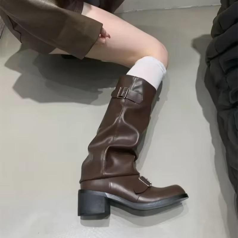 Fashion 2025 Woman Boots Knee High Platform Chunky Heels Trend Punk Gothic New Rock Leather Fashion Women's Shoes Motorcycle Footwear