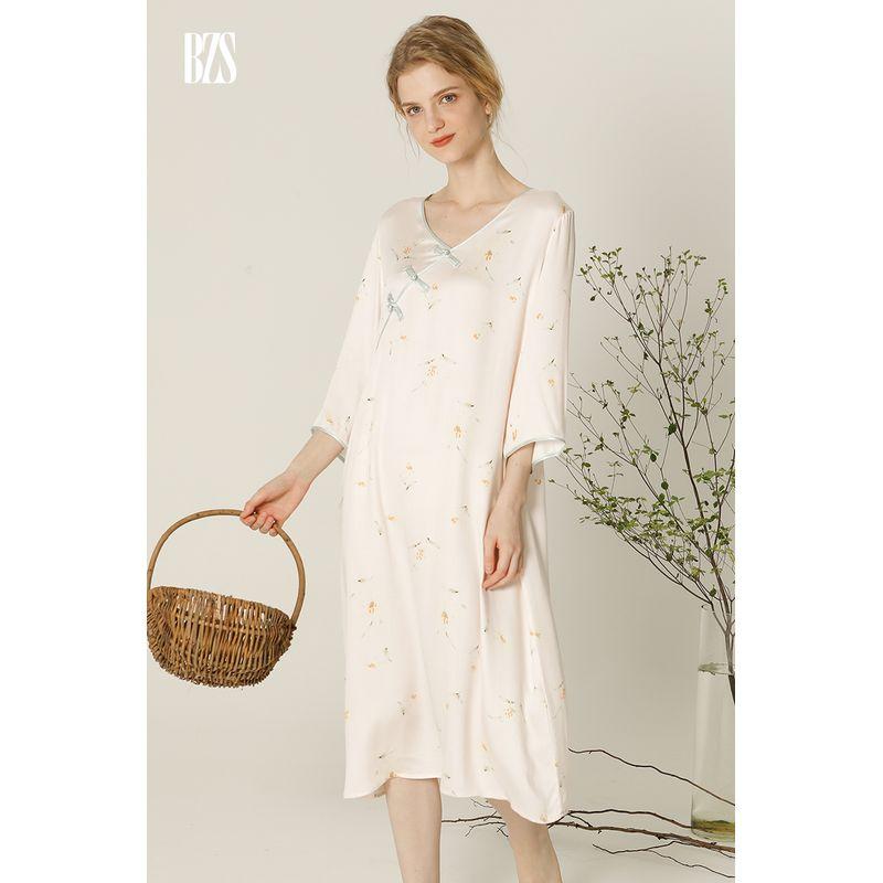 2024 Summer Cotton Silk Mid-Sleeved Night Skirt Women's Summer Cotton Satin Retro National Style Artificial Cotton Elegant Buckle Night Dress