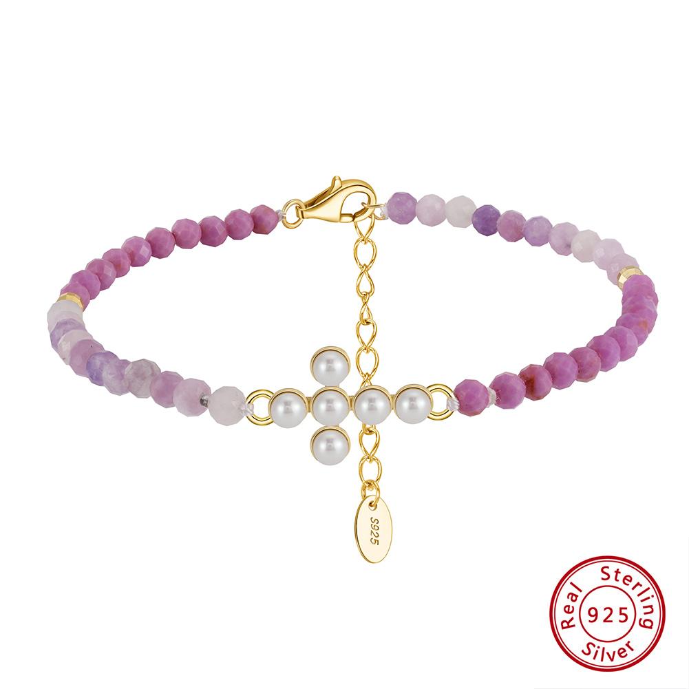925 Sterling Silver Cross Shaped Natural Freshwater Pearl with Purple Stone Gold Plated Bracelet Jewelry for Women 17+5cm/6.5+2inches&2.5-3mm
