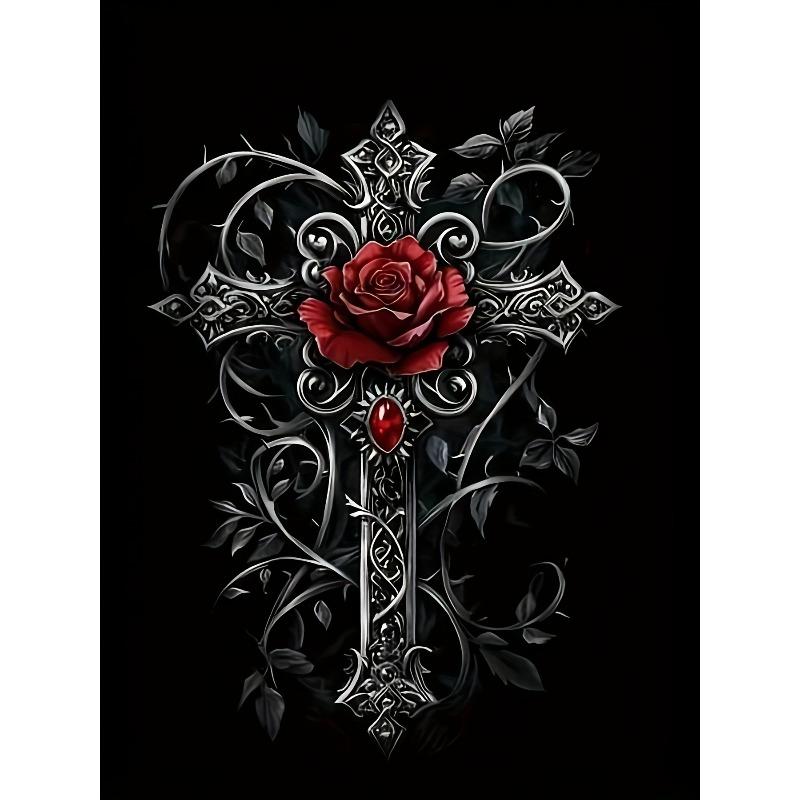 European Size Ladies Digital Print Short Sleeve T-Shirt | Artistic Style "Dark Rose Cross" Theme, Retro Gothic, Casual Crew Neck, Red Rose Cross Image