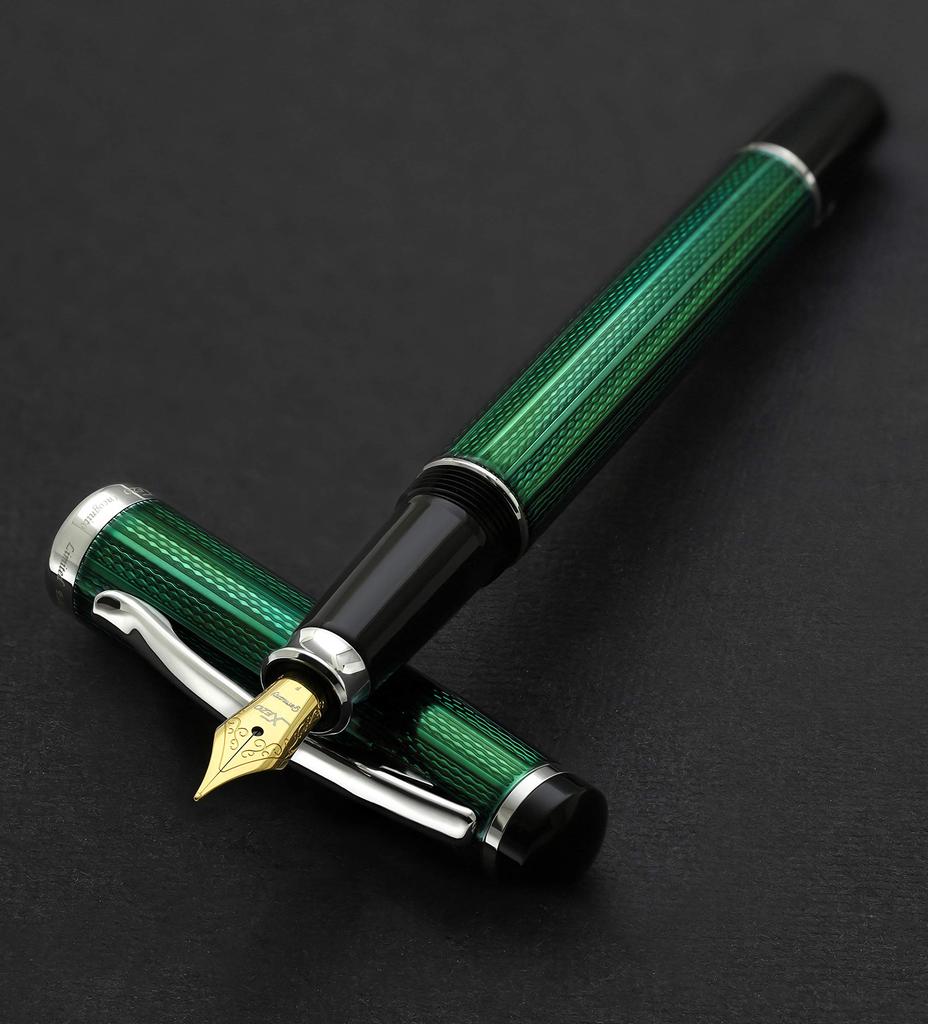 Xezo Incognito Fountain Fine Forest Green Layered Pure Platinum Handcrafted Guilloche Limited Edition Pen, Nib, Lacquer, Plated, & Stamped,
