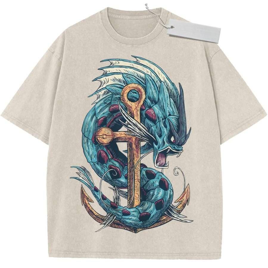 Unisex Black Washed Vintage T  Shirt Nautical Blue Dragon Anchor Retro Style High  Quality Fabric for Casual Shopping M