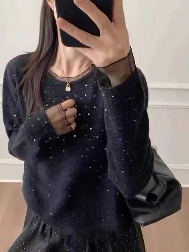 Korean Mesh Patchwork Sequin Two-Piece T-shirt: 2025 Winter Women's Sweet Temperament Trendy Top