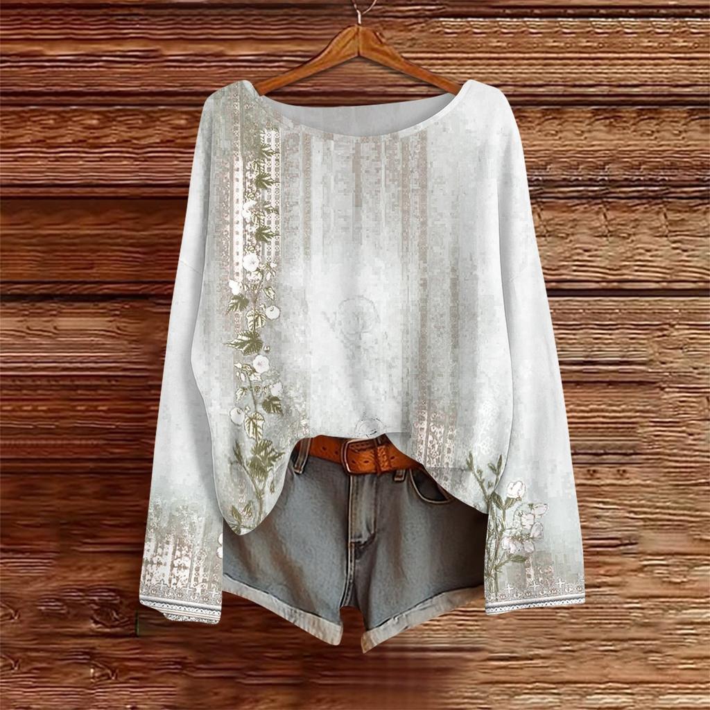 Langarmshirts für Damen Print Grafik T-Shirts Blusen Lässig Übergröße Basic Oberteile Pullover