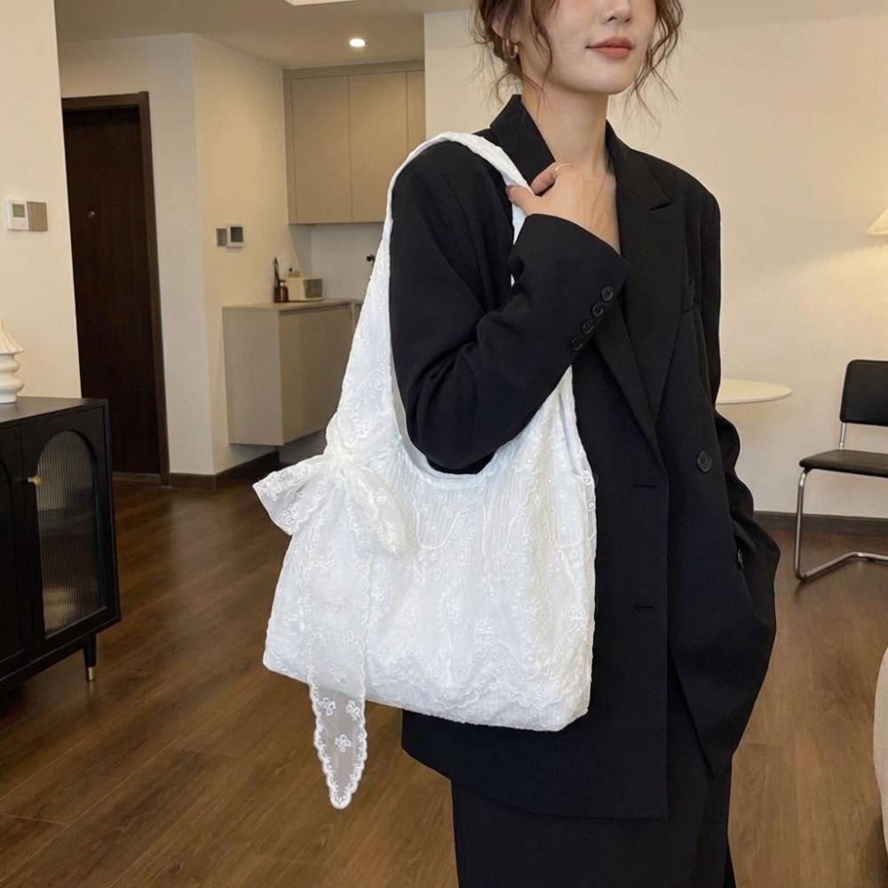 With Silk Scarf Floral Print Lace Handbag Canvas Versatile Embroidery Lace Shoulder Bag Lightweight Underarm Bag